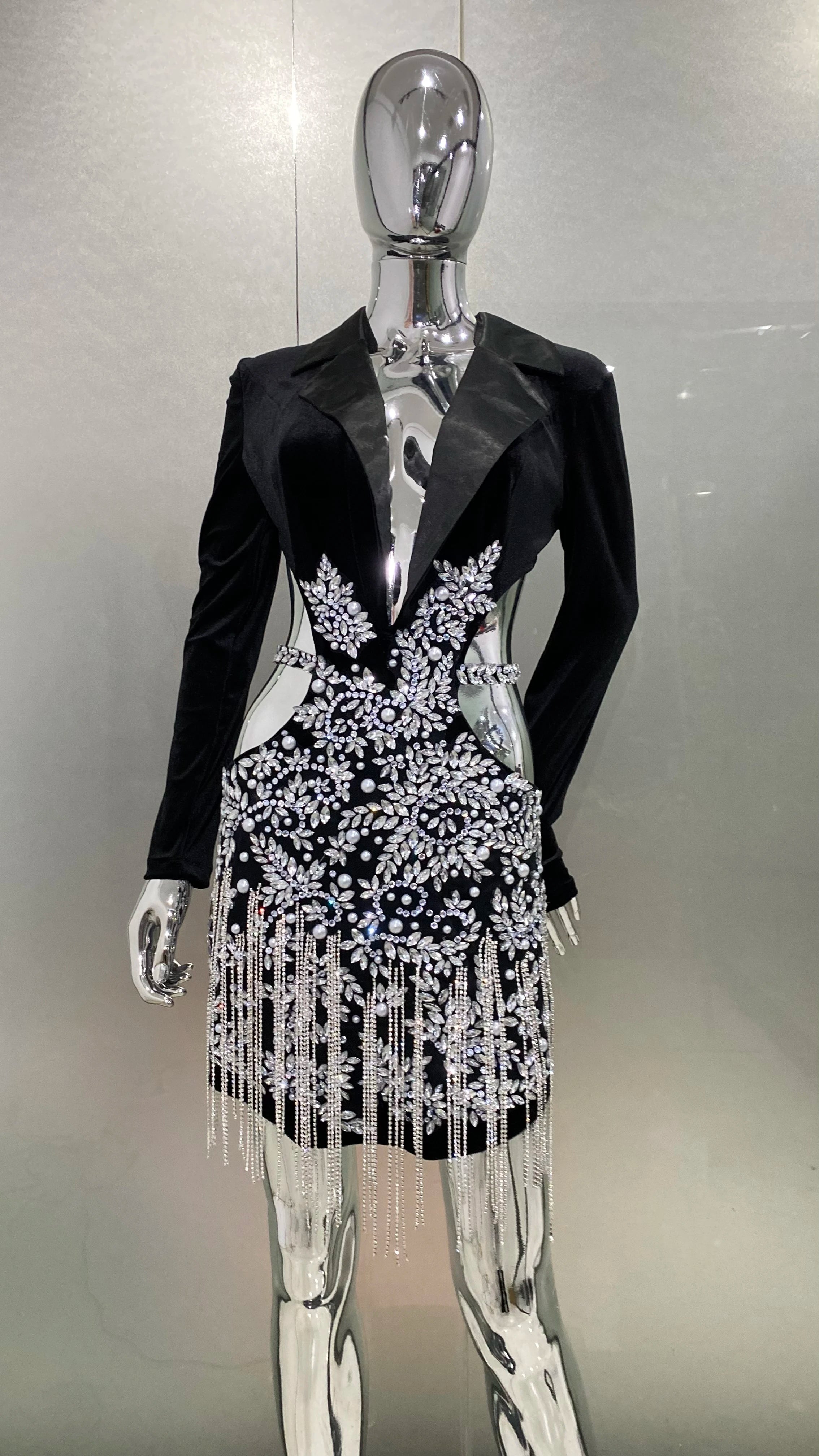 2024 Luxury Diamonds Tassel Sexy hollow Out Notched Black Mini Dress Woman Evening Party Vestido Celebrate Club Party Outfit