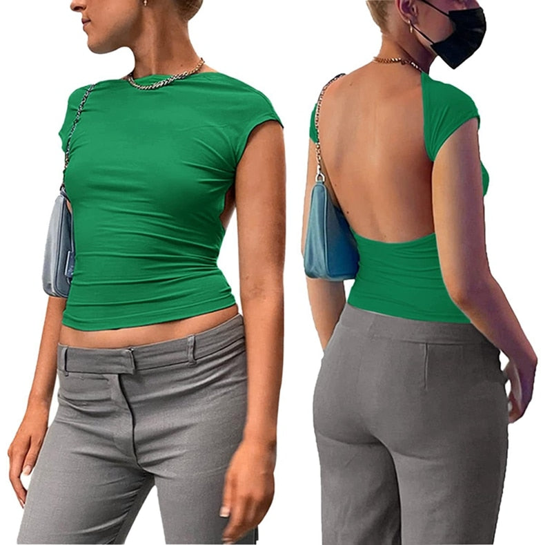 Y2K Sexy Backless Crop Top Women Casual 2023 Summer Short Sleeve O Neck T Shirts Streetwear Fit Slim Pullovers Base Tees T-Shirt