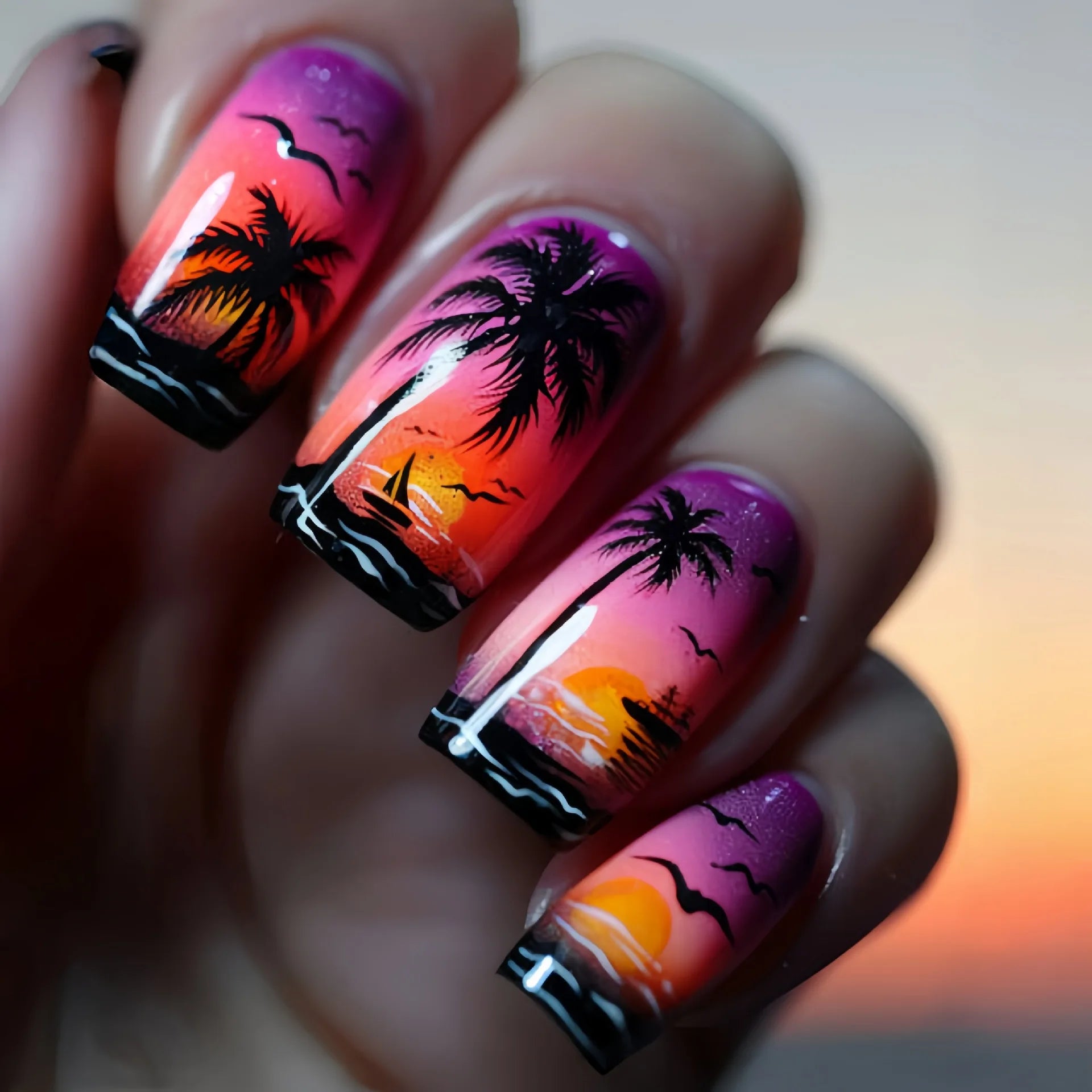 Short middle square ballet fake nails sparkling plant flowers maple leaves gradient Peacock feathers press on false nails set 1683