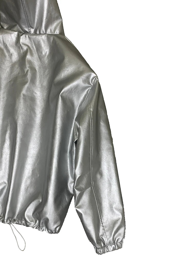 Mauroicardi Autumn Oversized Waterproof Silver Faux Leather Jacket Men with Drawstring Hood Zipper Loose Casual Korean Fashion