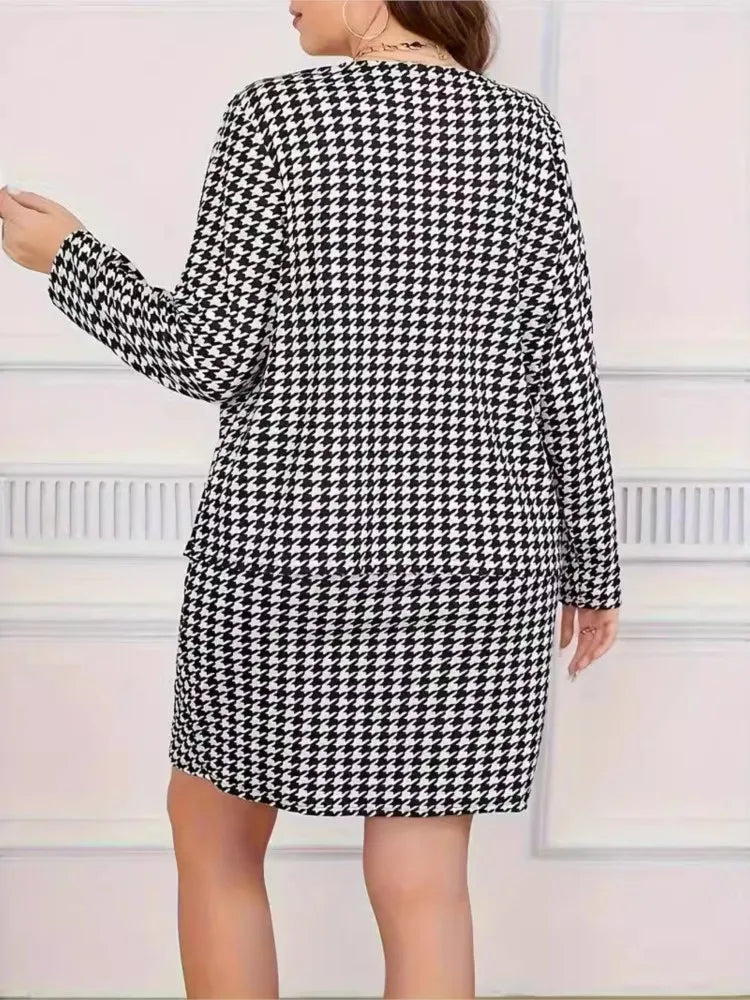 Plus Size Houndstooth Plaid Autumn 2 Two Piece Set Women Long Sleeve Ladies Cropped Coats Sleeveless Slip Modis Woman Mini Dress