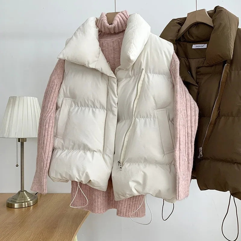 Women Fashion Autumn Stand Collar Elegant Down Coats Warm Outerwear Casual Belt Sleeveless Winter Women Vests Jackets