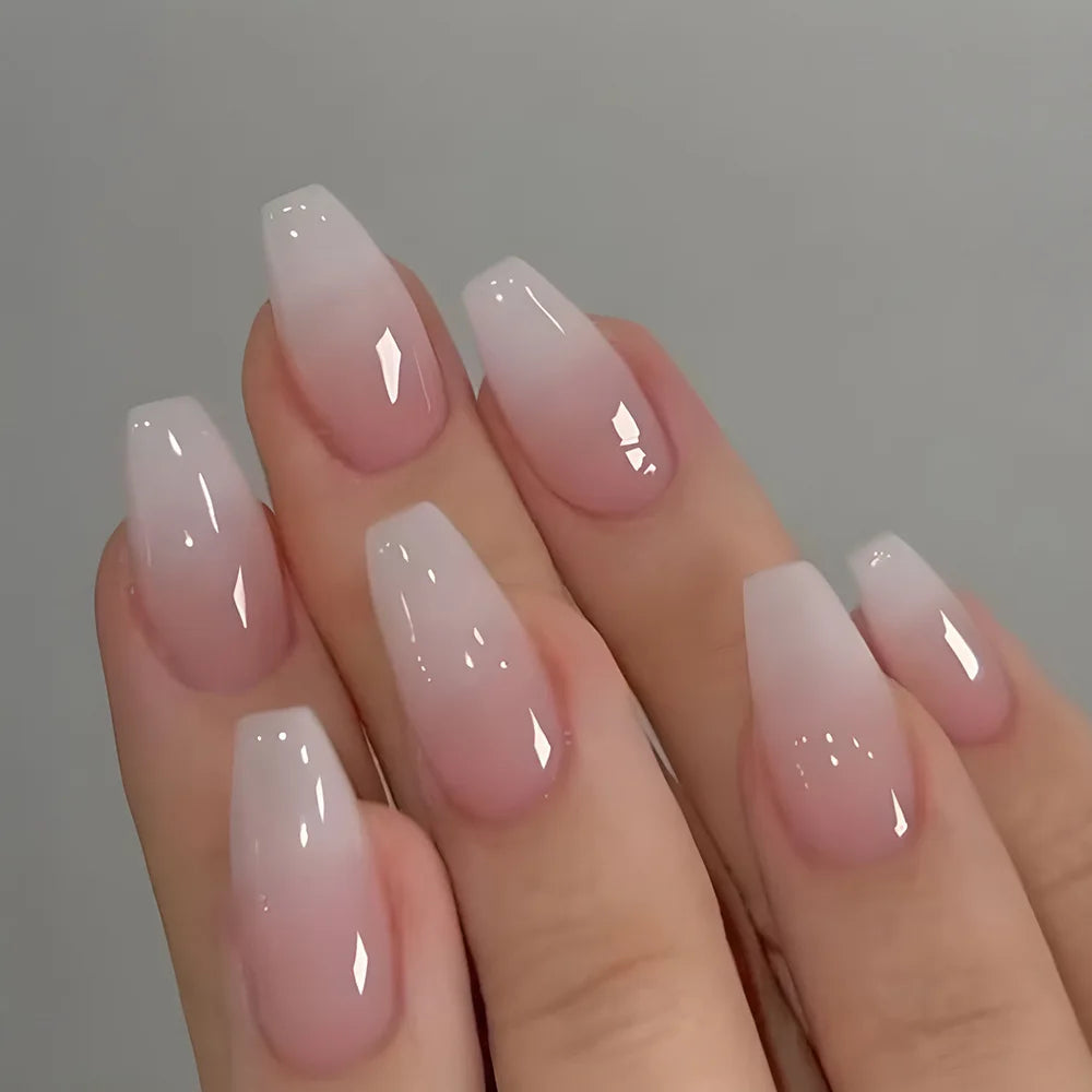 24pcs/set short fake nails gradient nude pink jelly glossy square ballet french tips Reusable faux ongles press on false nail 936
