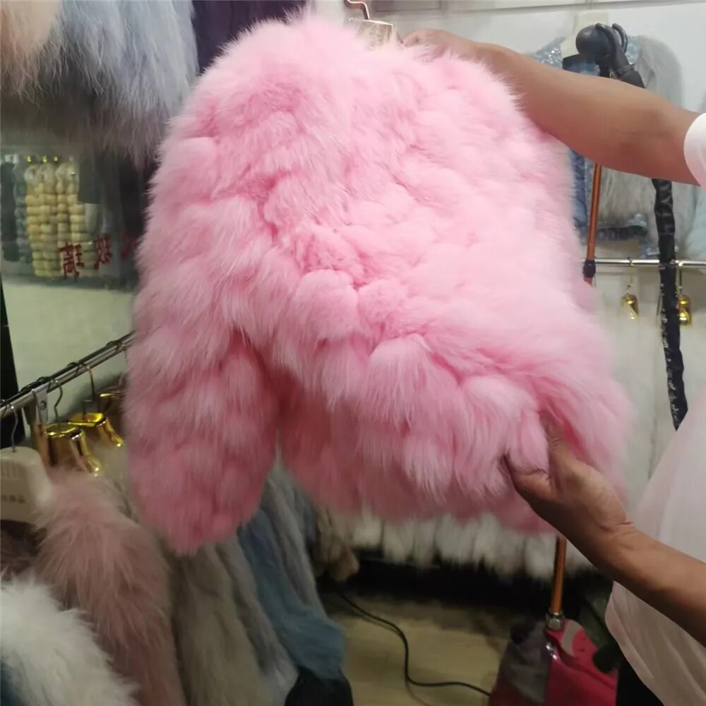 Women Winter Warm Luxury Fashion Full Sleeves V Neck Short Fur Jacket Real Fox Fur Coat Female Pluffy Outwear 1 One Size