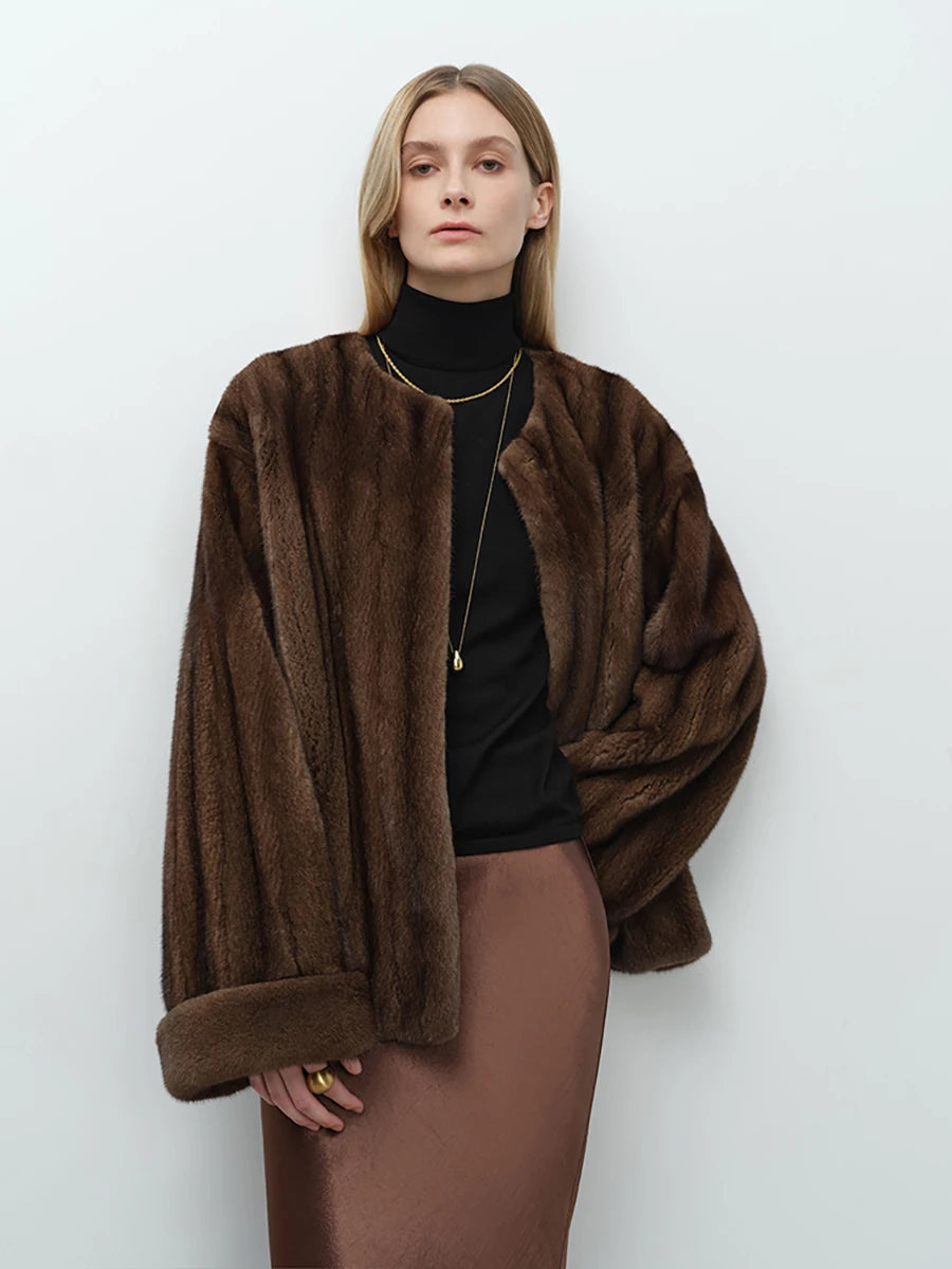 Lautaro Autumn Winter Short Luxury Elegant Thick Warm Soft Brown Faux Mink Fur Coat Women Long Sleeve Modern Chic Fluffy Jacket