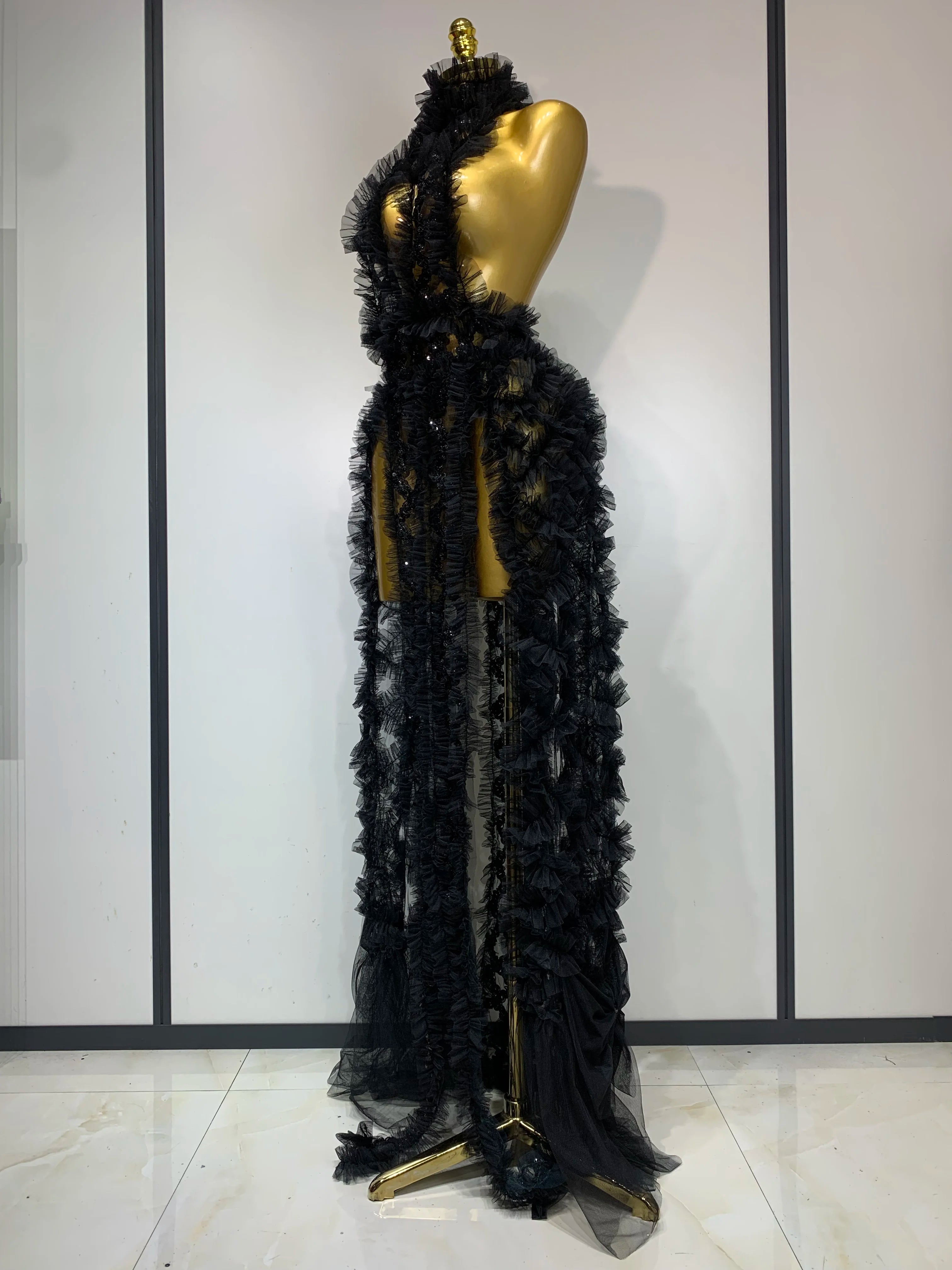 Black Mesh Sequins Sexy Halter See Through Dress 2025 Evening Party Prom Nightclub Singer Performance Costume Stage Wear