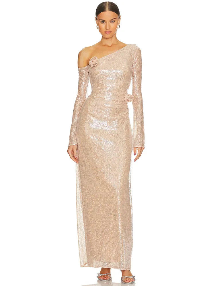 Chic Luxury Women Celebrity Sexy One Shoulder Beige Mesh Sequins Maxi Long Gowns Dress 2025 Elegant Evening Party Club Vestido Beige
