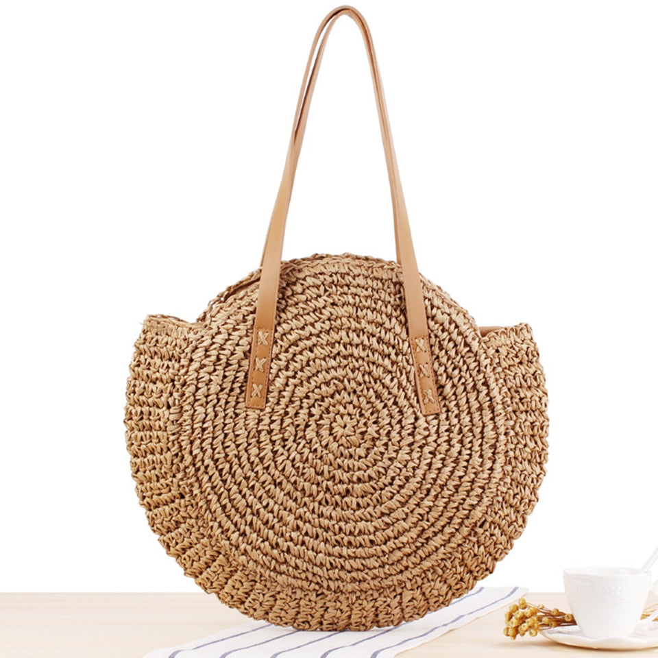 Summer Straw Handbag Wooden Handle Large Capacity Paper Rope Woven Straw Bag 2024 New Fashion Summer Vacation Travel Beach Bag brown 23