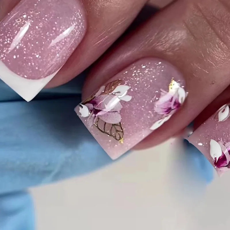 24Pcs Colorful Flowers Design Fake Nails Mid-length Ballet Press on Nails 3D Fashion Manicure Art Wearable Square False Nails 911