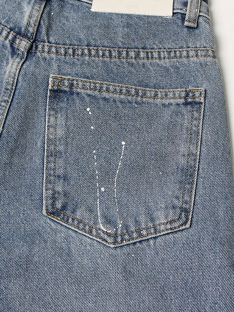 DEAT Women Jeans High Waist Long Straight Contrast Color Knee Splice PU Leather Belt Denim Pants 2023 Autumn New Fashion 29L2408