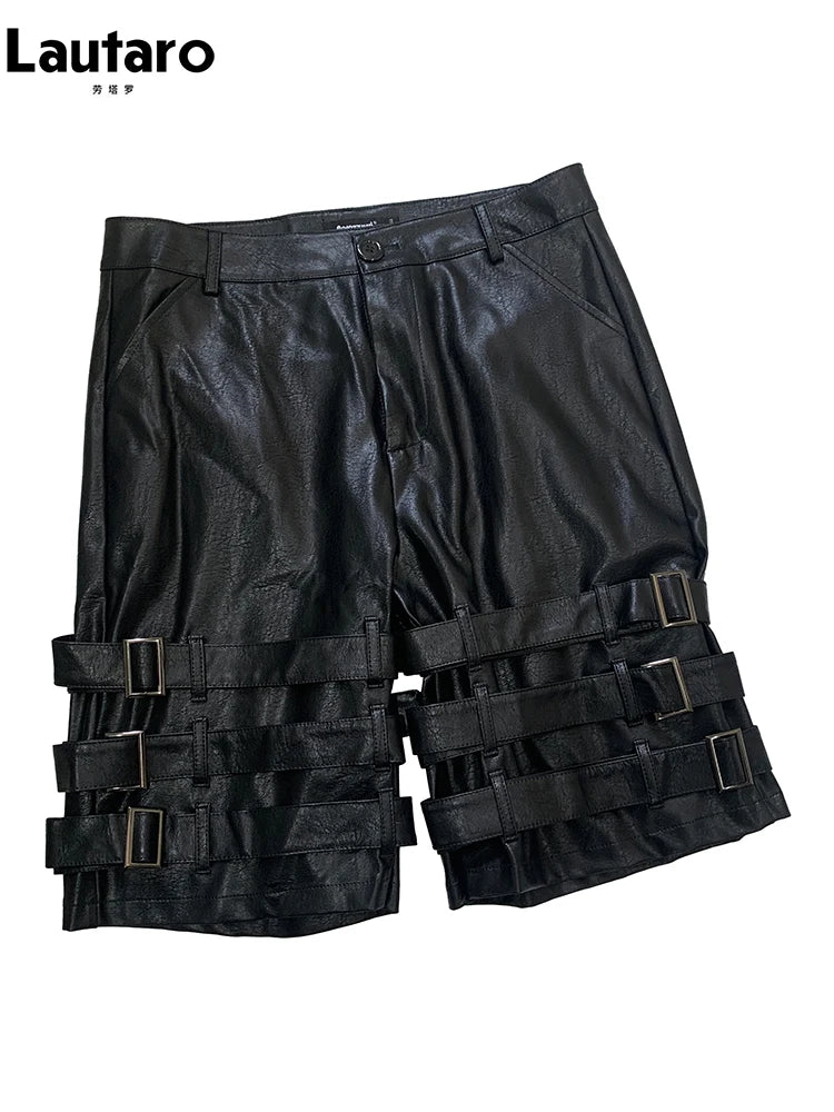 Nerazzurri Summer Autumn Black Faux Leather Shorts for Men with Many Belt Mens High Waist Short Straight Pants Emo Clothes 2025 Black