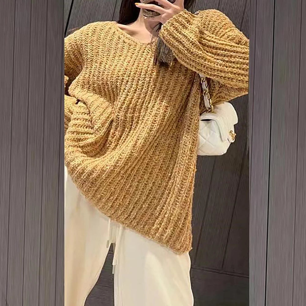 Women Sweater Casual Pullovers Autumn Winter Basics Knitted Korean Loose Striped O-neck Long Sleeve Elegance Sweet A-Khaki One Size