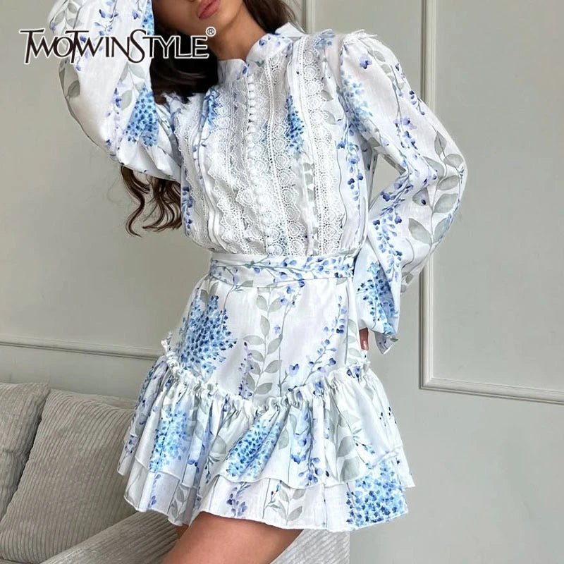Hit Color Spliced Printing Elegant Dresses for Women High Waist Long Sleeves Patchwork Ruffles Folds Dress Female