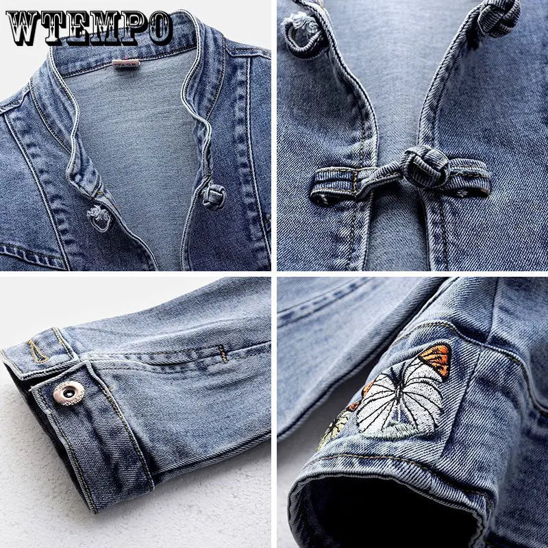 Short Denim Jacket Vintage Chinoiserie Embroidered Stretch Jacket Women's Spring and Autumn All Match Fashion Harajuku Slim Tops