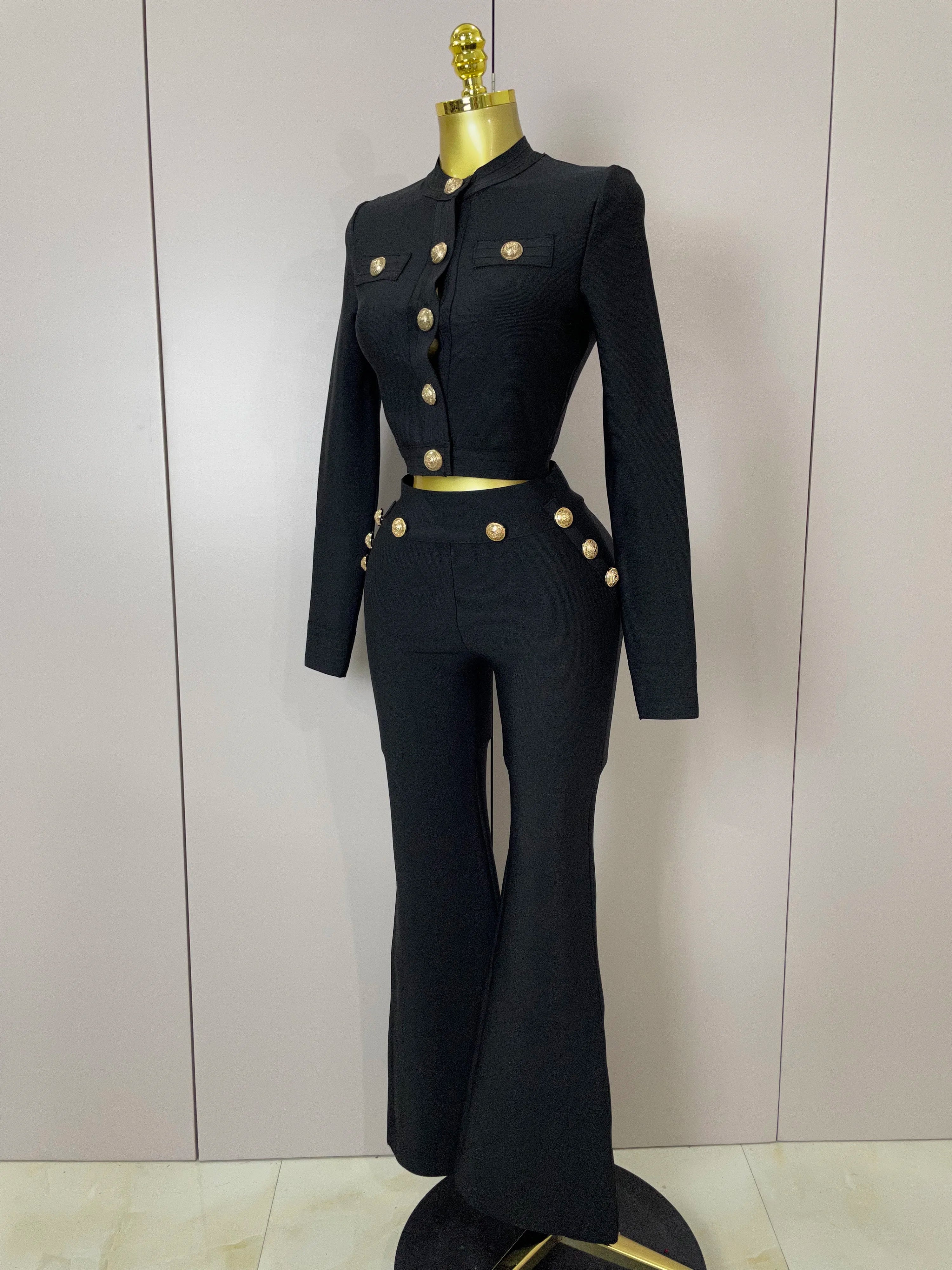 2025 New Golden Buttons Short Coat Top And Flare Pants Bandage 2 Pieces Set Woman Celebrity Evening Party Vestidos