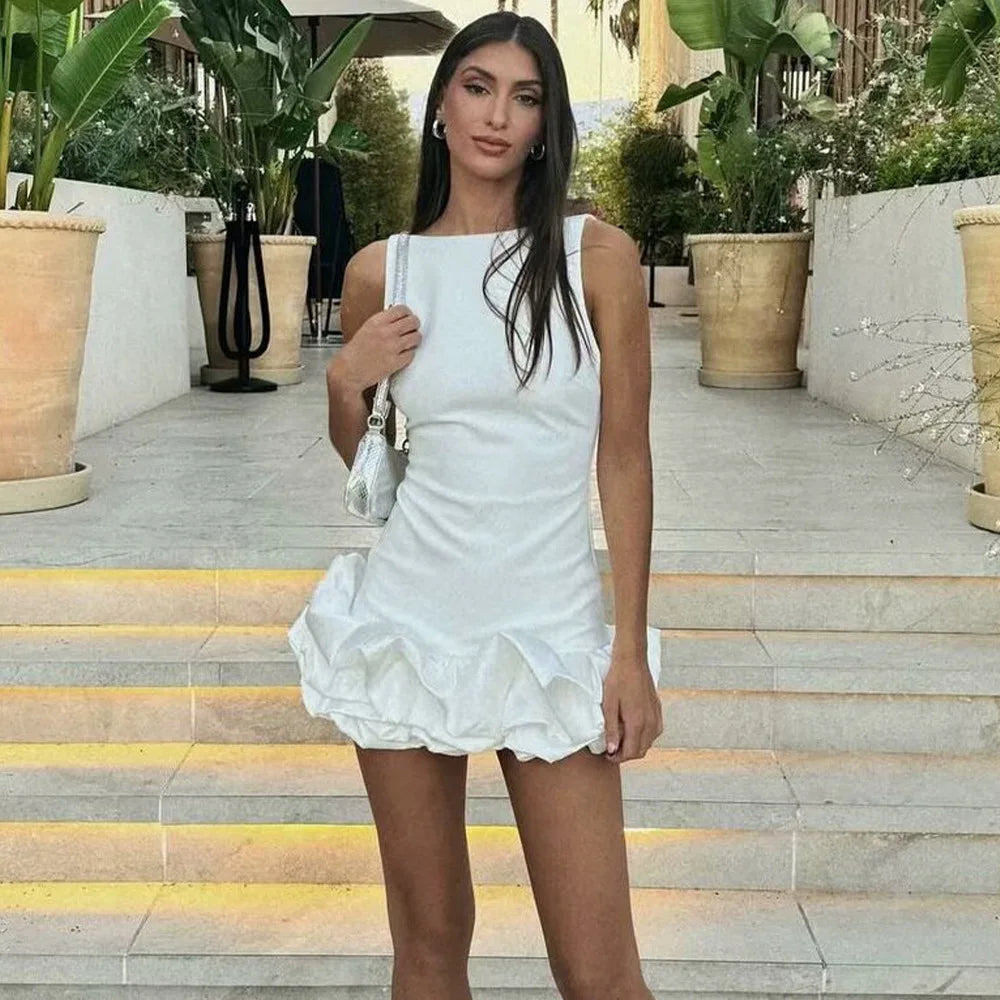 Nw Arrival Women Sleeveless Sexy O-Neck Ruffles Bodycon Mini Dress High Street Celebrate Birthday Party Outfit Vestido