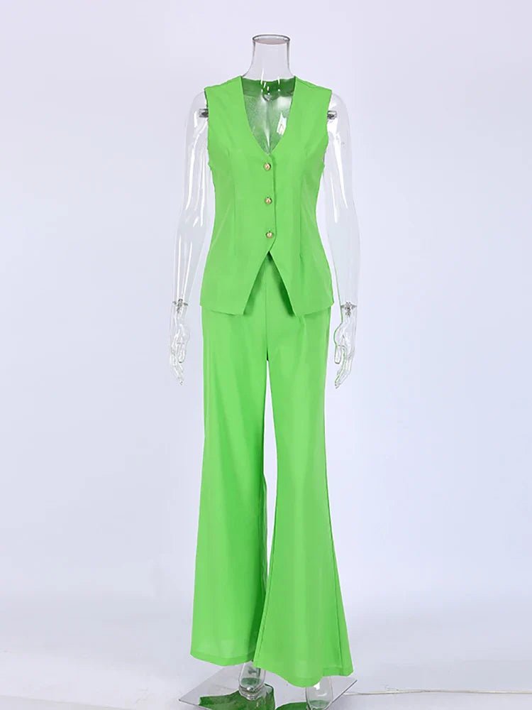 Mnealways18 Ladies Office 2 Pieces Womens Suits Vest Top And Wide Leg Pants Outfits Cotton Linen Summer Fashion Green Sets Green