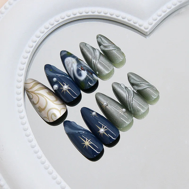 24pcs Dark Blue Press on Nails Starnight Swan Print Sweet Cool False Nails for Girl Wearable Reusable Almond Fake Nail Tips 1