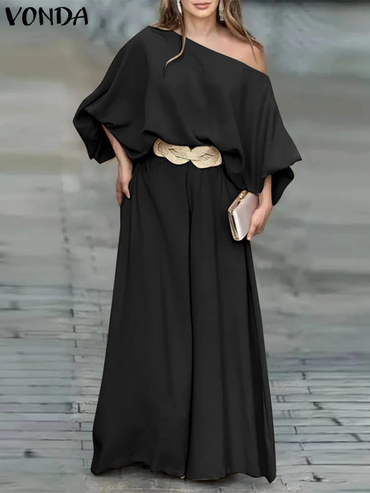 Plus Size VONDA Women Outfits Casual Slanted Collar Tops Elastic Waist Wide Leg Pant Sets 2024 Elegant Solid Pants Suits 2PCS black