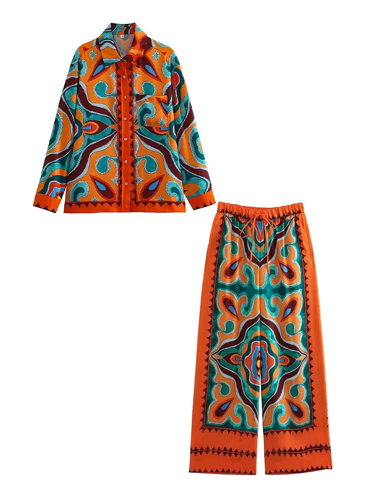 BlingBlingee Summer Printed Women Wide Pants Satin Suits Traf Asymmetric Sleeveless Strapless Crop Top Female Sets Y2K Top-Pants Sets 2