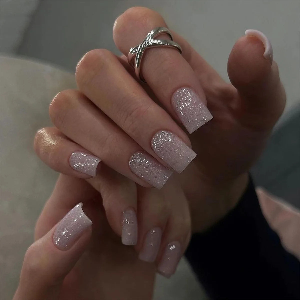 24Pcs Short False Nails with Shimmery Powder Ballet Nail Art Full Cover French Sheer Wearable Nail Manicure Tips for Girls Daily 6