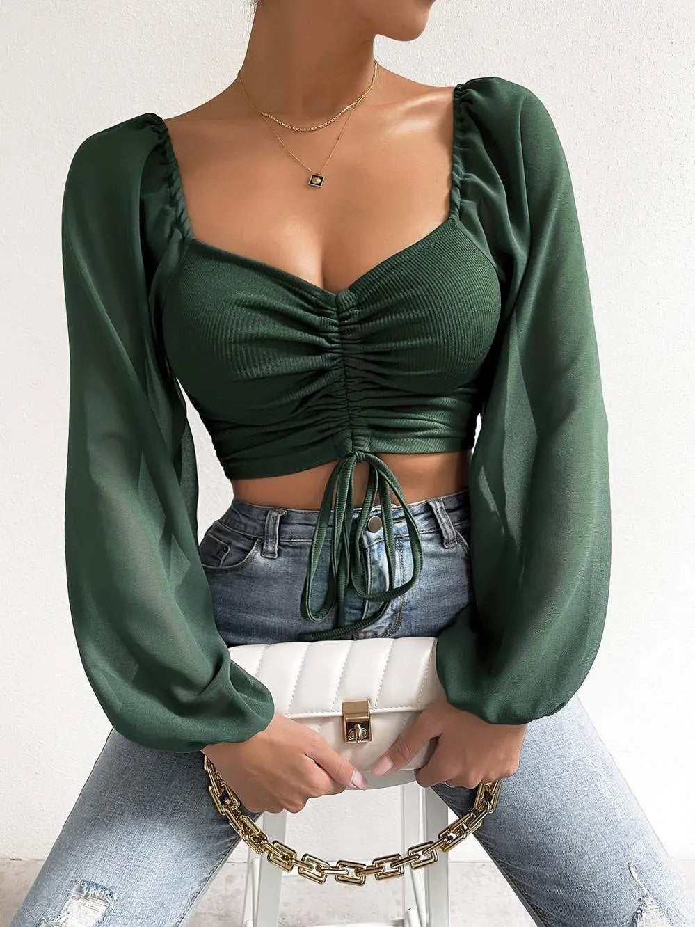 Woman’s Tops Puff Sleeve Sexy Close-Fitting Summer and Spring Lace up V-neck Fashion Solid Color Simple Long Sleeve Hot Dark Green