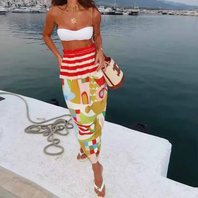 TRAF Print Skirts Women Summer Midi Skirt Ruffle Dress Elastic Waist Skirts Luxury Elegant Women's Skirts Aesthetic Skirts