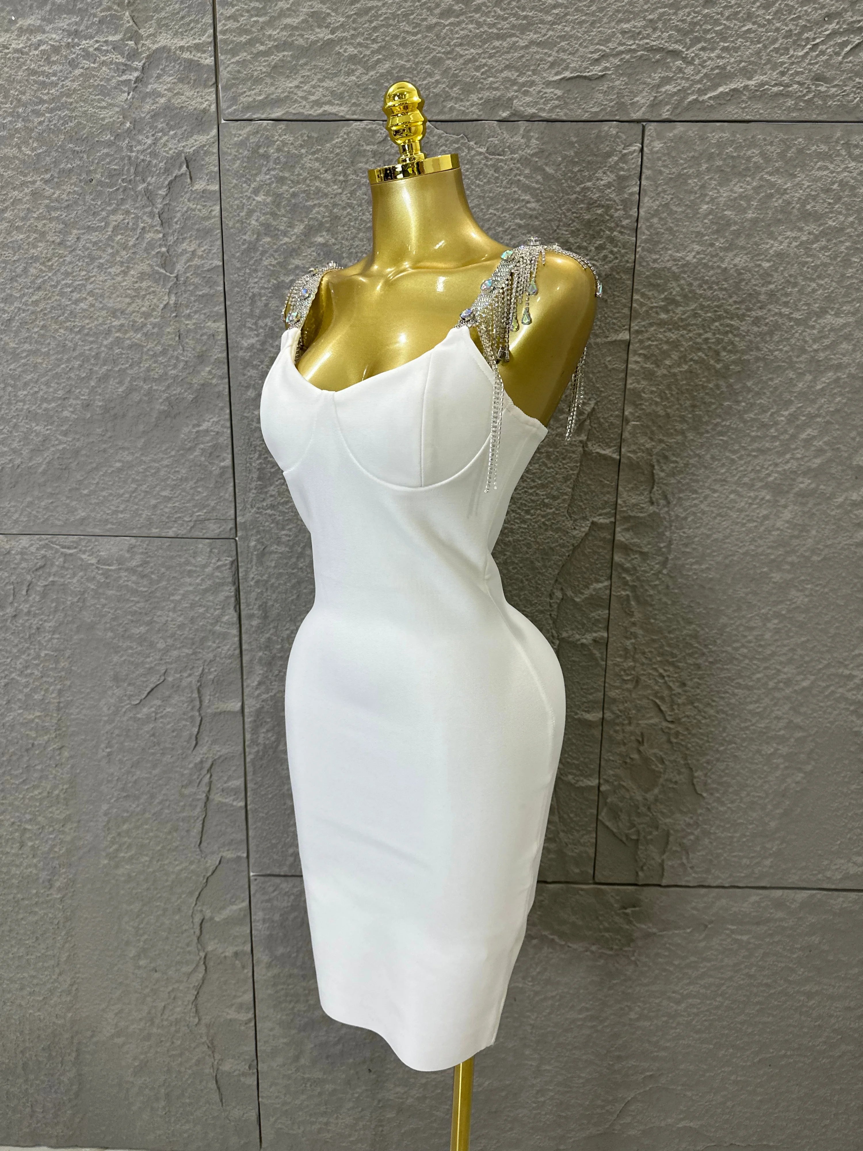 Elegant Sweetheart Neck Mini Dress Women Sexy Crystal Tassel Embellished Spaghetti Strap Bodycon Outfit Formal Event Party
