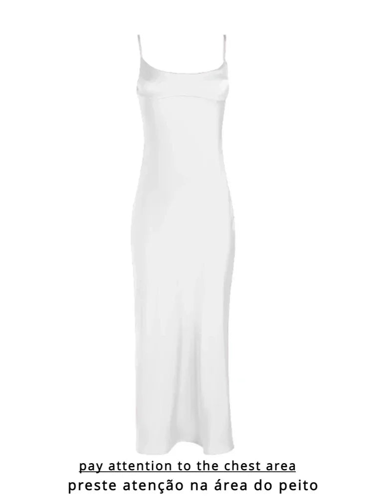 Suninheart Mid-calf Satin Dress Elegant Pink Sexy Sleeveless Cut Out Party Dresses Casual Holiday Birthday Women Clothing WHITE