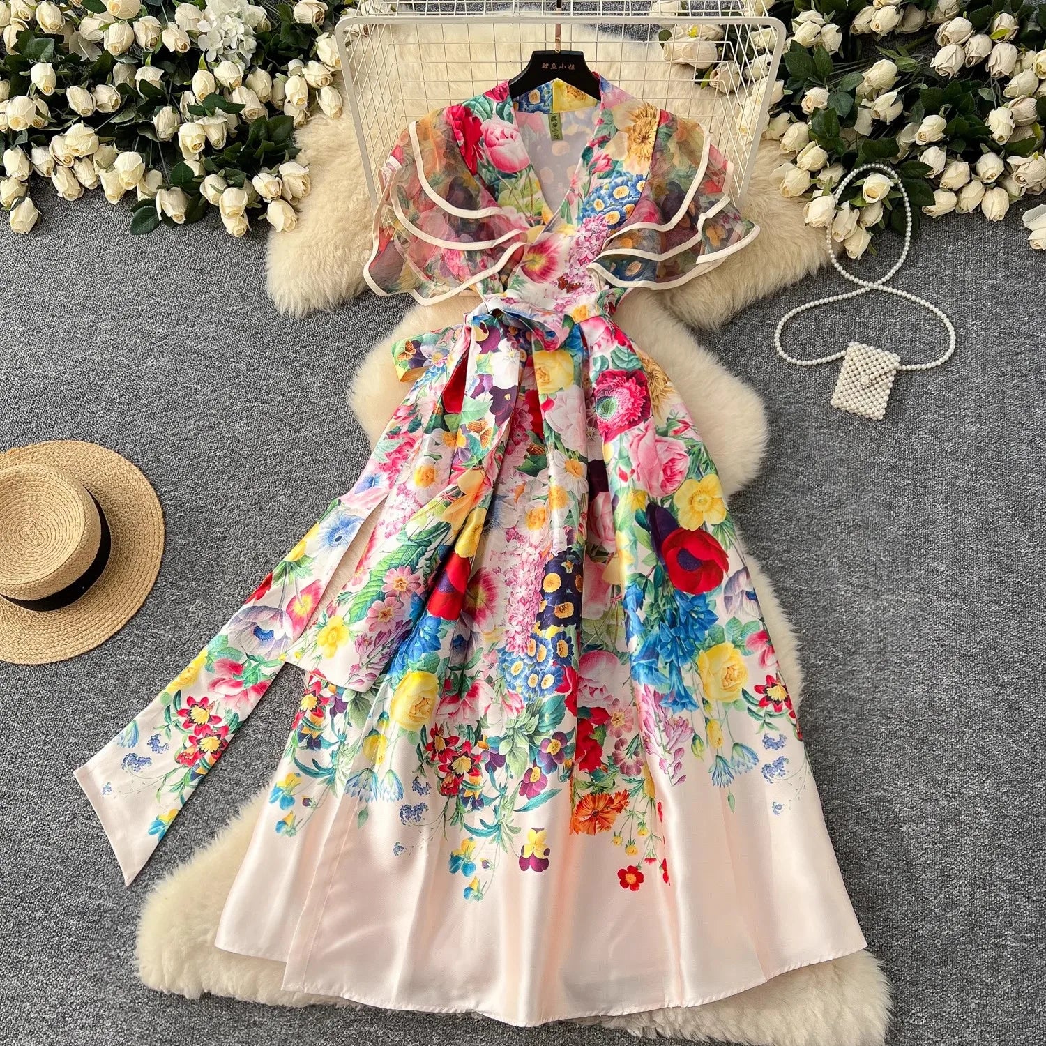 Summer Bohemian Gorgeous Flower Long Dress Women V-Neck Layer Mesh Sleeve Floral Print Bandage Lace Up Robe Vestidos Clothes apricot