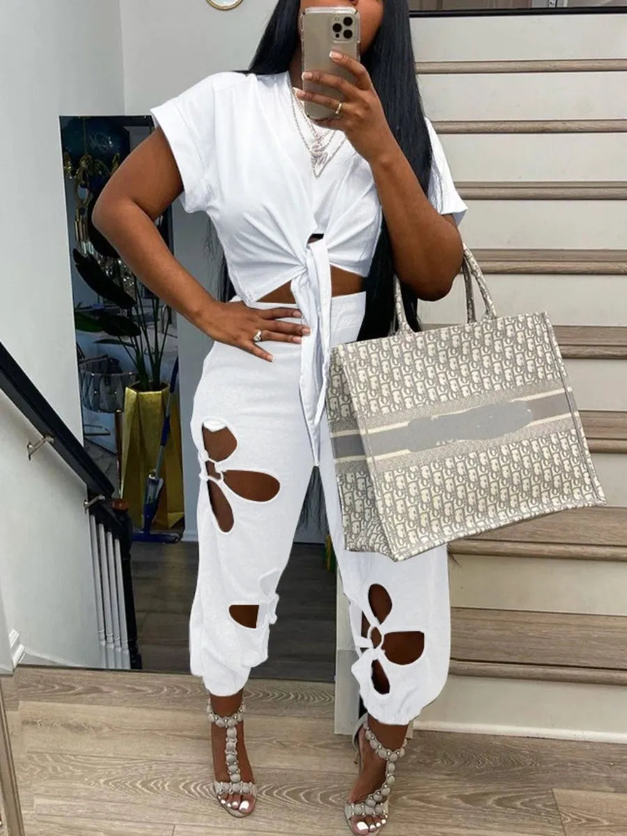 LW Plus Size Cut Out Bandage Design Pants Set Elegant Suit 2 Piece Set Women Sexy short Sleeve Top Hollow Out Pants Ladies Sets WHITE