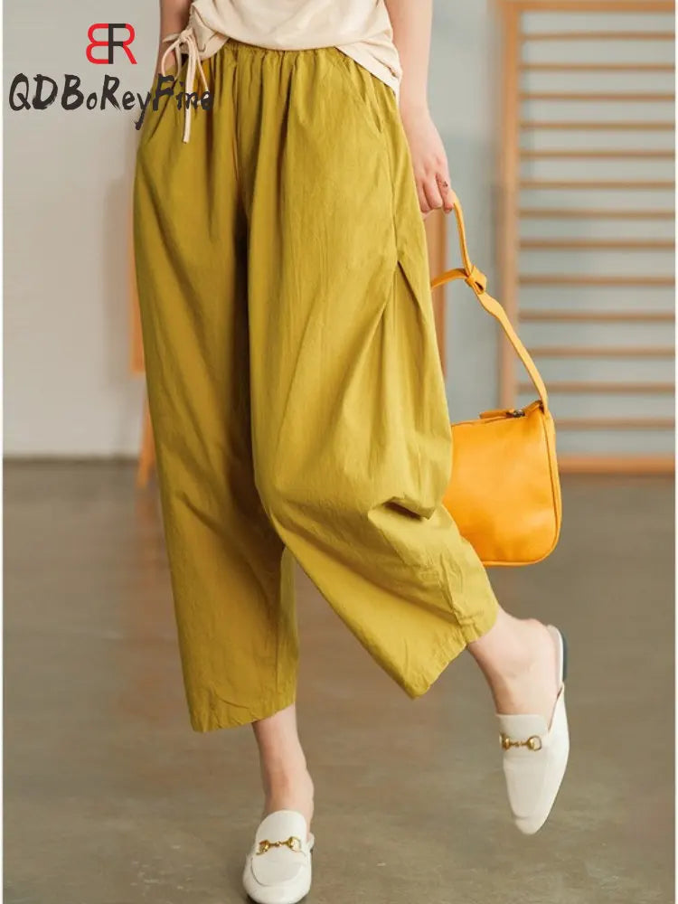 Women Summer Pants New High Waist Wide Leg Retro Cropped Trousers Casual Loose Baggy Cotton Linen Pants for Women Bottoms