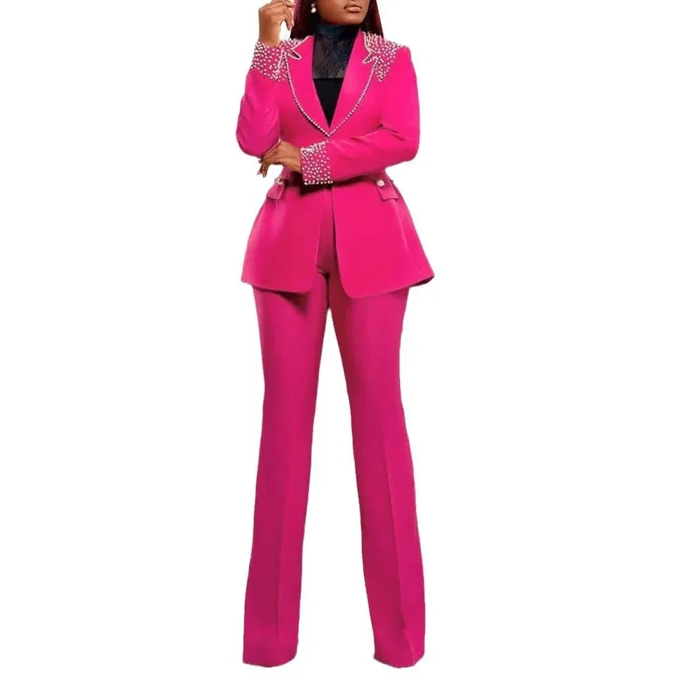 CM.YAYA Fashion Pearl Splicing Women's Set Long Sleeve Blazer and Wide Leg Pants Suit 2024 Winter OL Fall Two 2 Piece Set Outfit