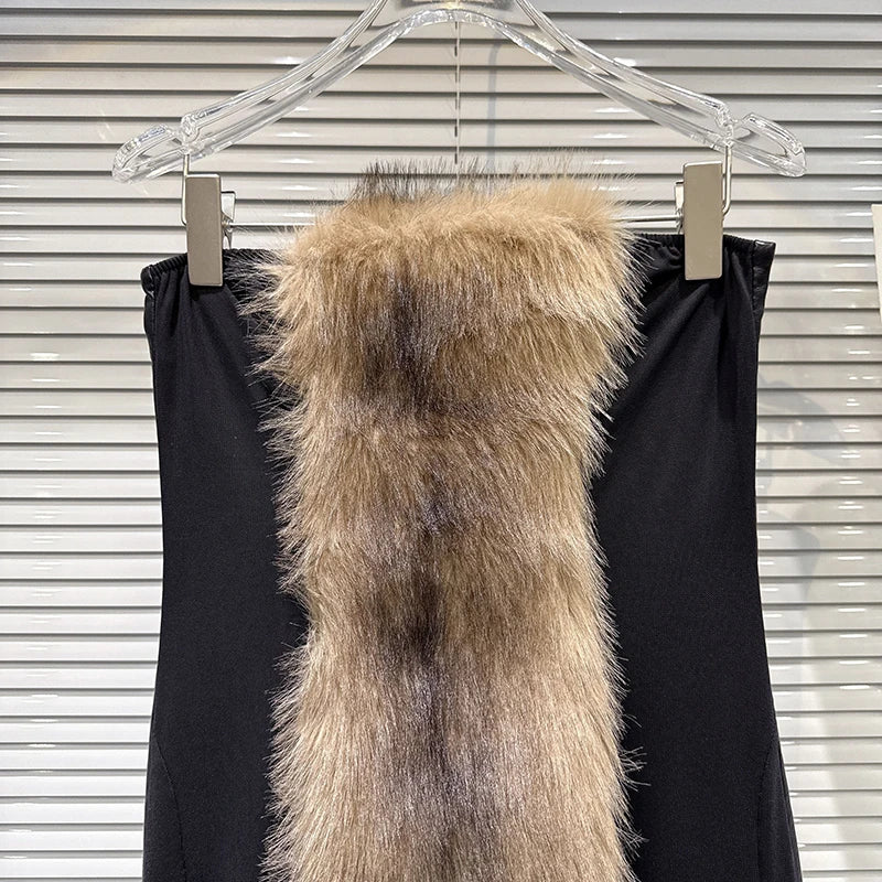 Winter New Fashion Furry Patchwork PU Leather Zipper Strapless Dress For Women Evening Party Backless Dresses 11A07577