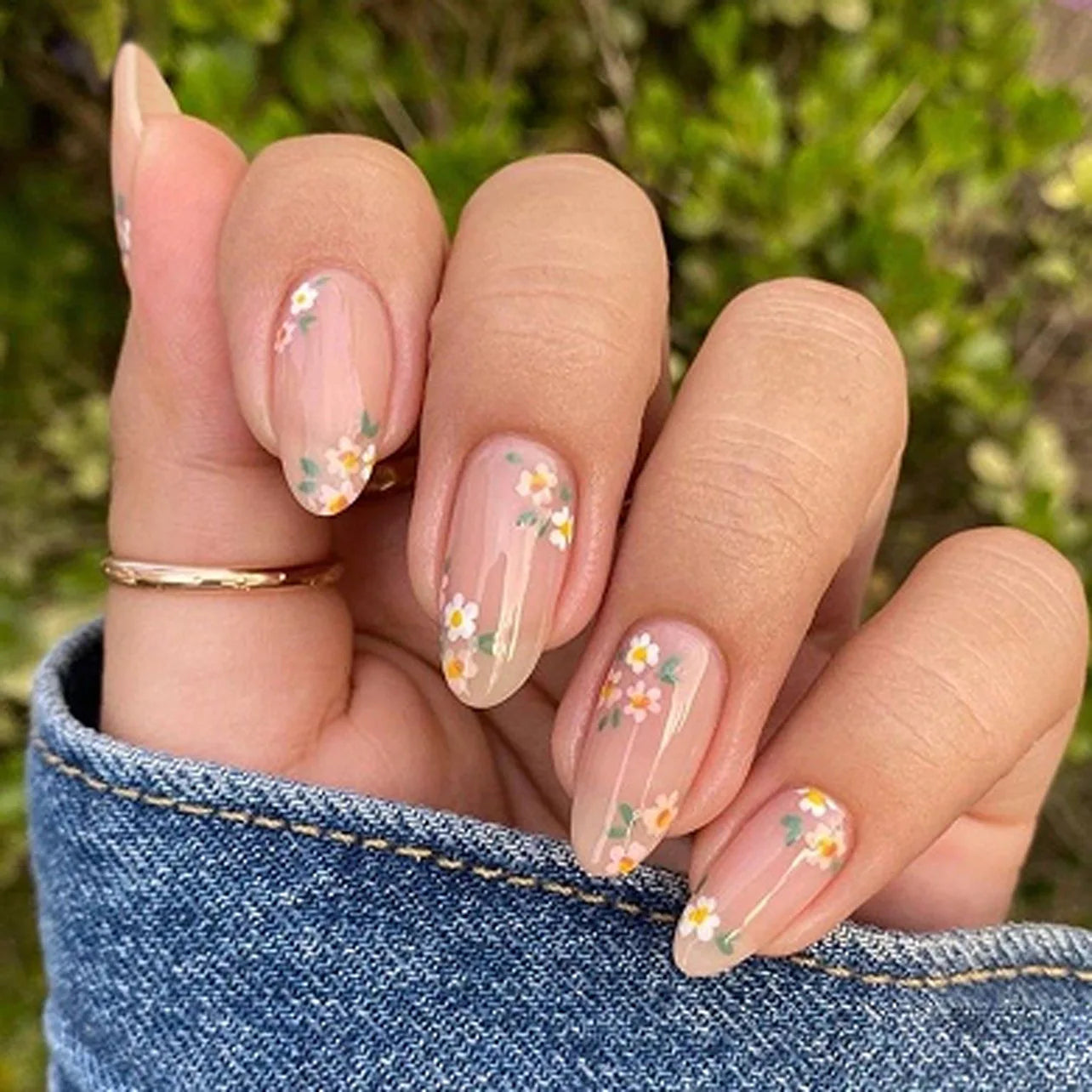 24Pcs Simple Almond Press on Fake Nails with Jelly Glue Fresh Flowers Design French Summer Fashion Acrylic oval Fake Nails Tools 1