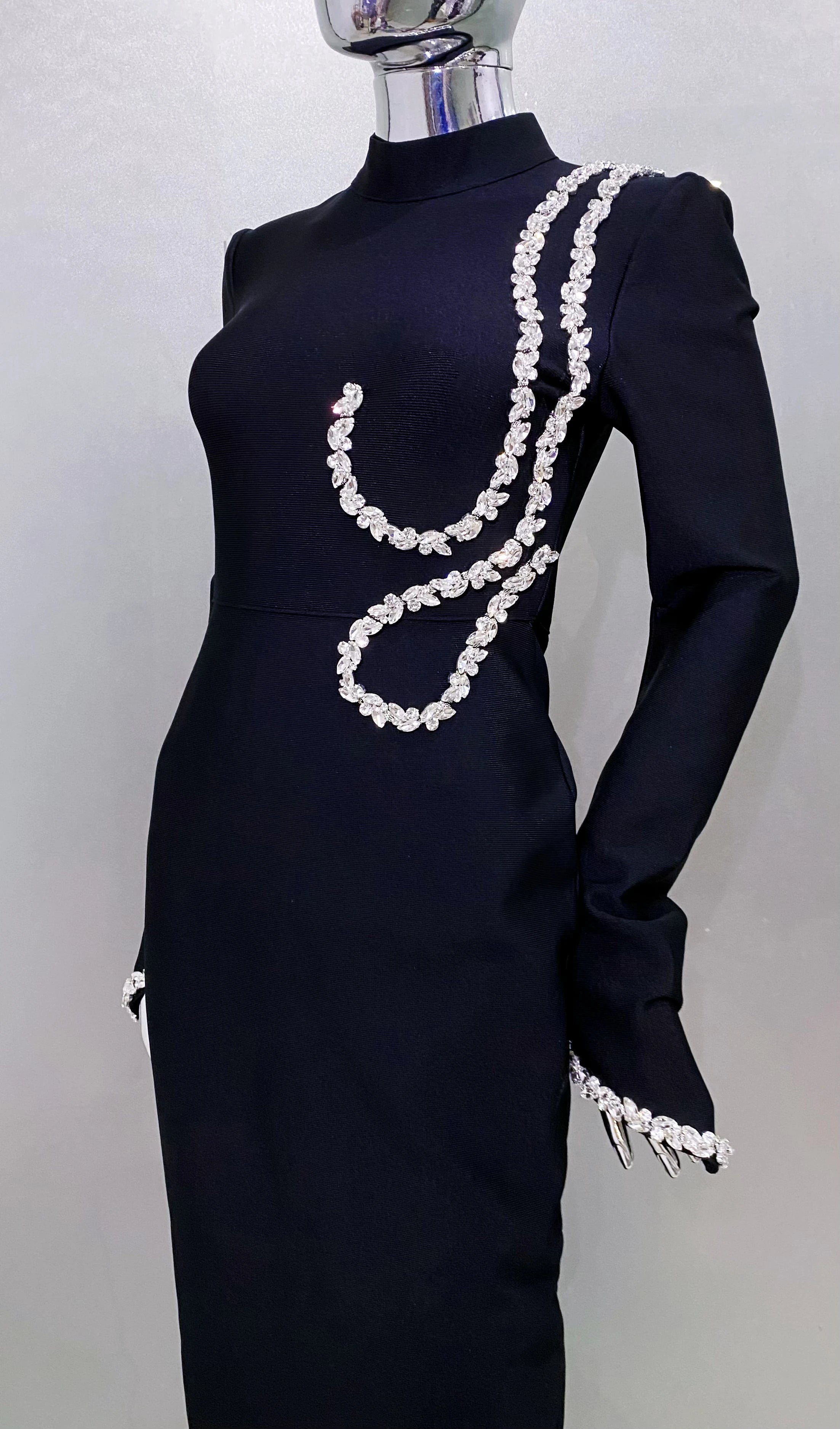 Shining Diamonds Half High Collar Black Long Bandage Dress Elegant Woman Evening Party Dress Cocktail Party Outfit