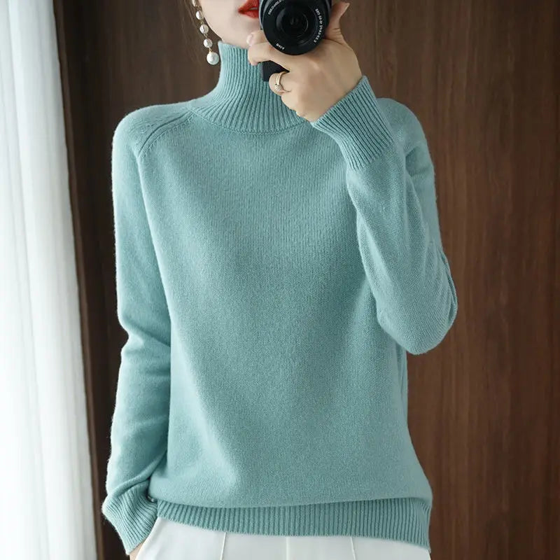 Turtleneck Pullover Fall/winter 2023 Cashmere Sweater Women Pure Color Casual Long-sleeved Loose Pullover Bottoming Women's Bean Green