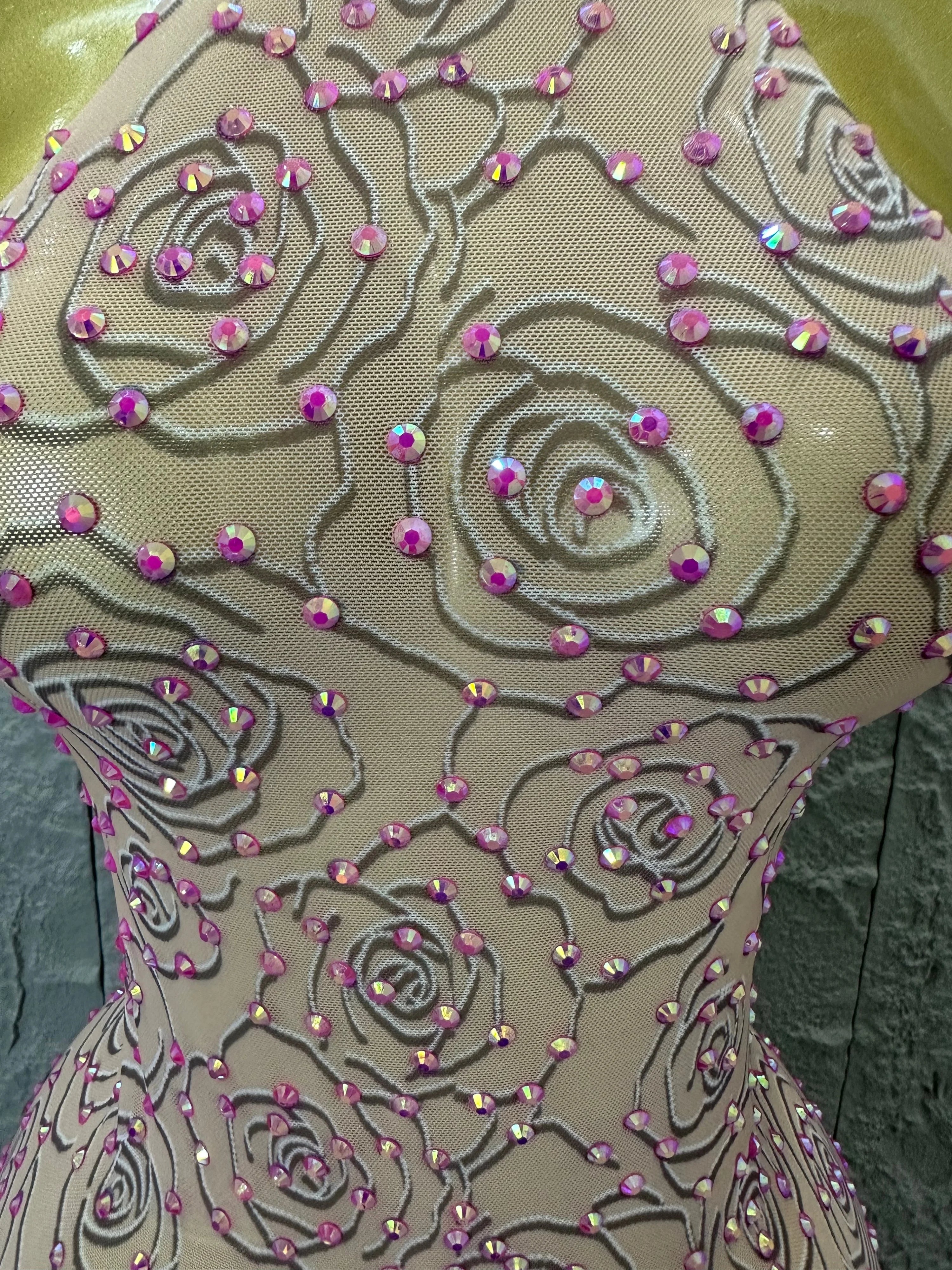 Sexy Glamorous Nude Halter Neck Maxi Dress Sheer Mesh 3D Rose Beaded Embellished Bodycon Nightclub Party Outfit