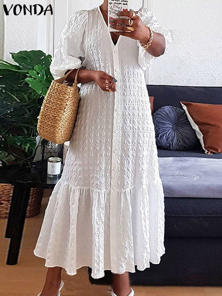 Plus Size 5XL VONDA Women Shirt Dress 2024 Summer Sexy V Neck Buttons Half Sleeve Long Maxi Vestidos Bohemian Elegant Party Robe White