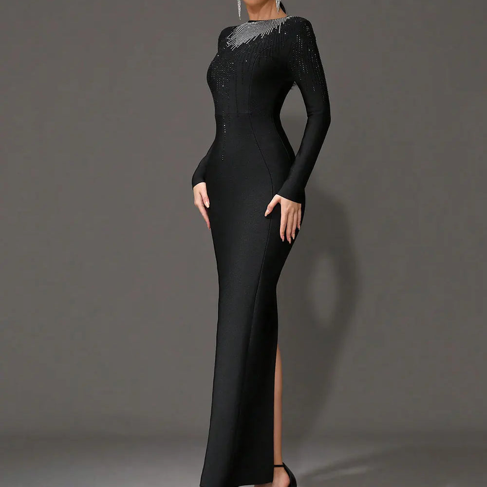 2025 Elegant Women's Light Luxury Hot Diamond Bandage Dress O-neck Long Sleeve Bodycon Black Long Dress Evening Party Vestidos