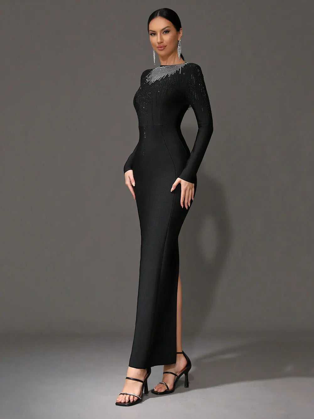 2025 Elegant Women's Light Luxury Hot Diamond Bandage Dress O-neck Long Sleeve Bodycon Black Long Dress Evening Party Vestidos