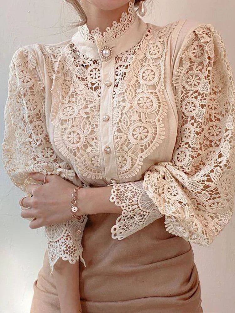 Women Chiffon Button Turtleneck Shirt Chic Elegant Floral Lace Fluffy Long Sleeve Top Fashion Hollow Oversize White Blouse 2024 apricot