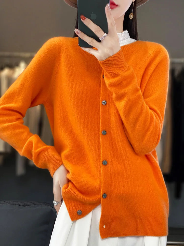 Aliselect Autumn Winter Women 100% Merino Wool Sweater O-Neck Tops Long Sleeve Basic Cashmere Knitwear Cardigan Clothing Coat