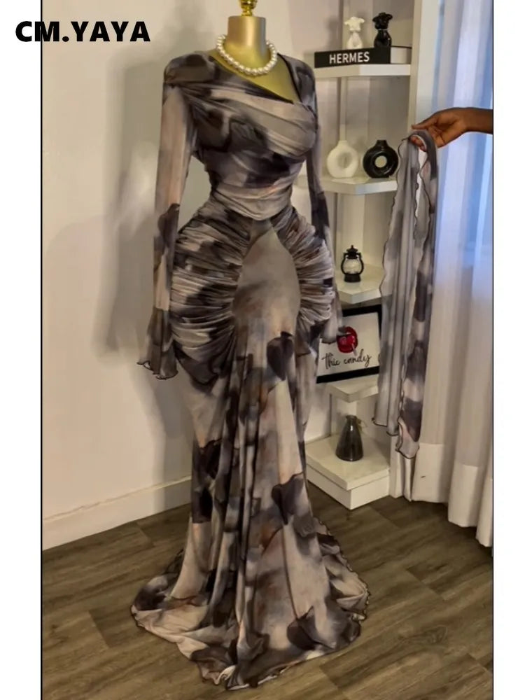 CM.YAYA Women Tie Dye Printed Skew Neck Flare Long Sleeve Ruched Stacked Maxi Long Dress 2025 Summer Birthday Sexy Party Dresses