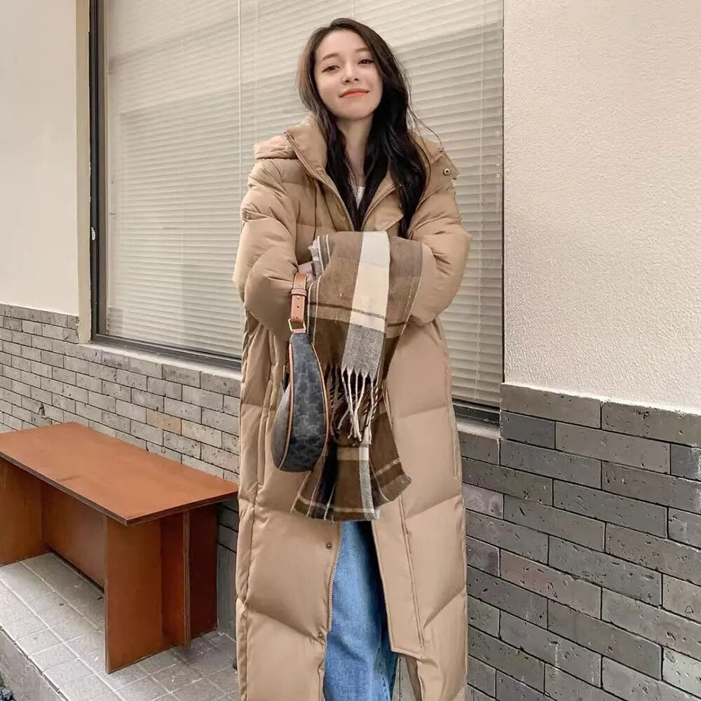 Vielleicht New Solid Color Long Straight Winter Coat Casual Women Parkas Clothes Hooded Stylish Winter Jacket Female Outerwear Khaki