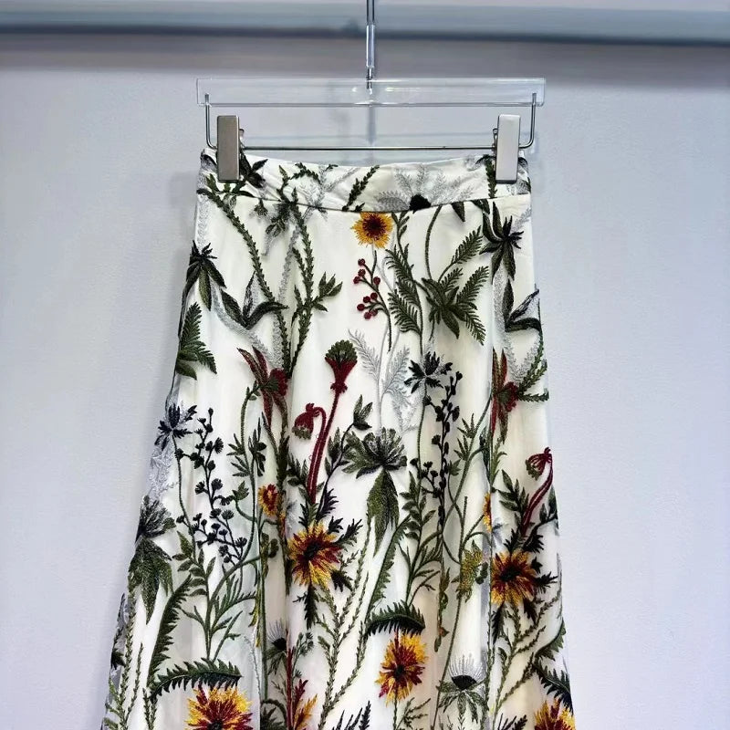 Top New Long Skirts Spring Fashion Designer Women Elastic Waist Allover Luxurious Embroidery Sexy Tulle Mesh Skirts