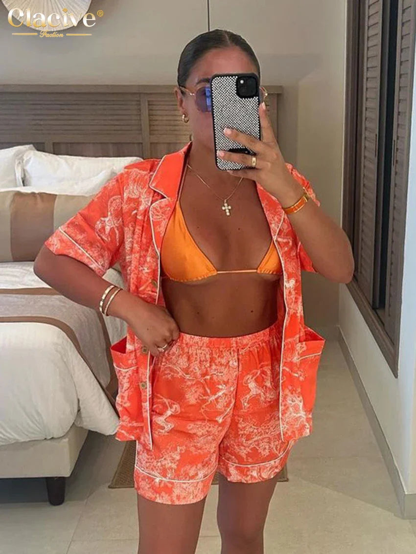 Clacive Fashion Loose Print 2 Piece Set Women Outfit Summer Short Sleeve Shirt With High Waist Shorts Set Female Streetwear Orange