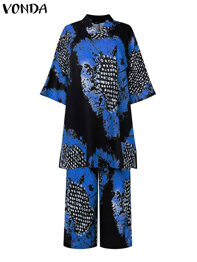 Plus Size 5XL VONDA Women Vintage Pant Sets Print Long Top and Wide Leg Pants Casual Loose 2pcs Two-piece Summer Bohemian Outfit Blue