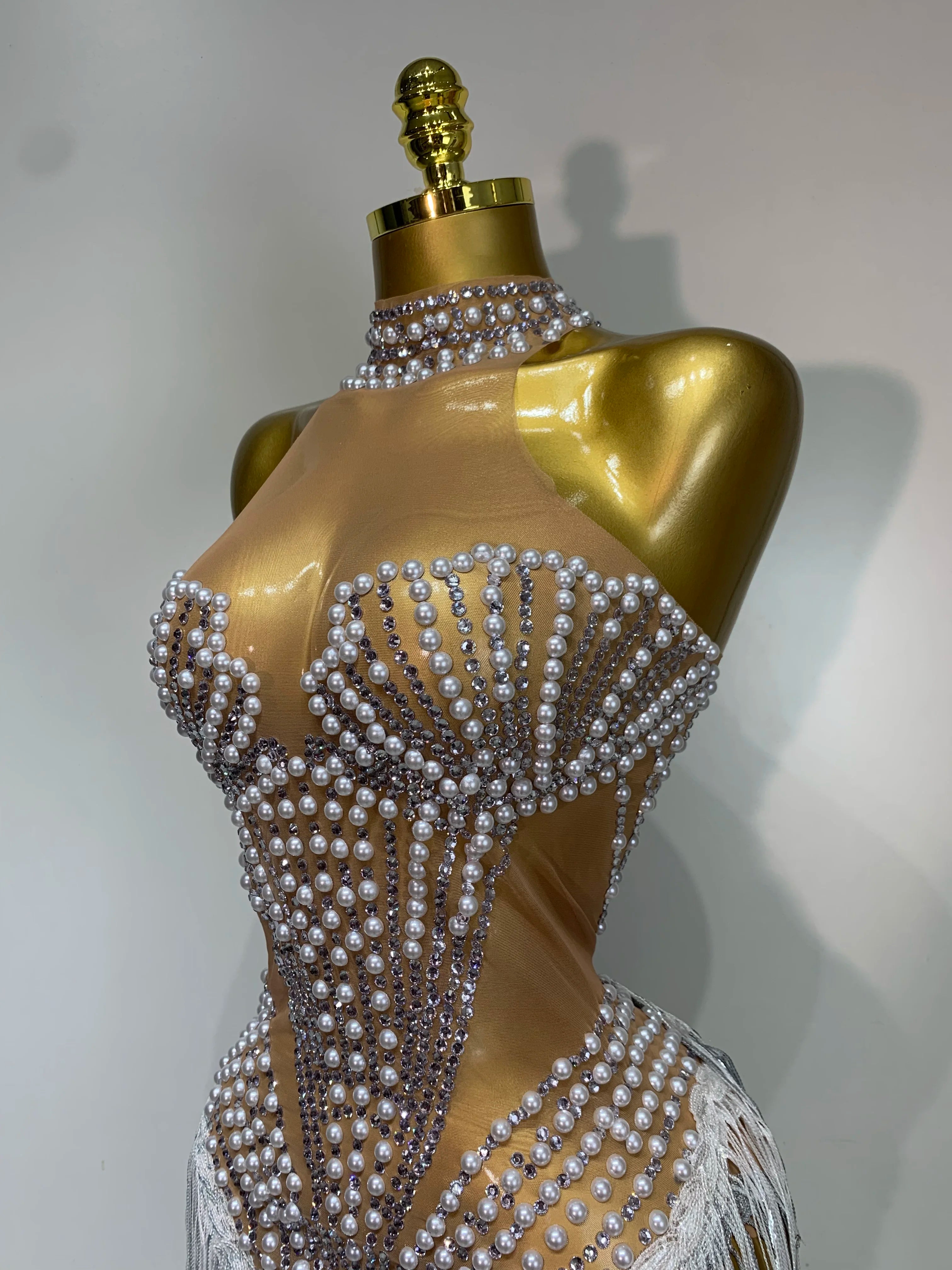 Women Sparkly Rhinestones Pearls Tassel Sexy Mesh See Through Dress Latin Dance Outfits Bar Nightclub Party Stage Costume