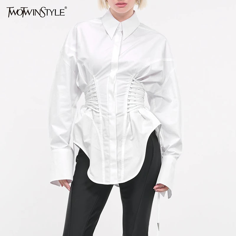 Solid Spliced Lace Up T Shirts for Women Lapel Long Sleeve Patchwork Single Breasted Fashion Top Female Clothing